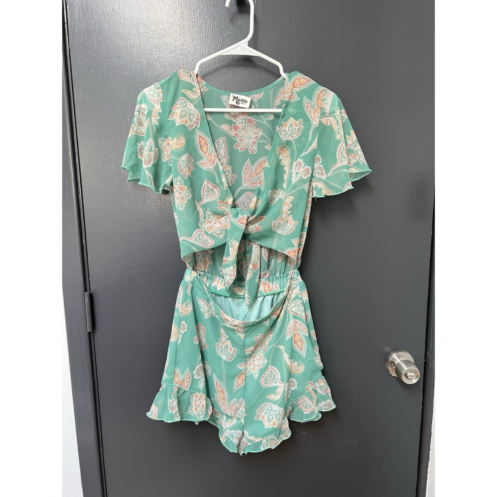 Show Me Your Mumu Riviera Romper Tie Front Cut Out Green Leaf Print Sz S